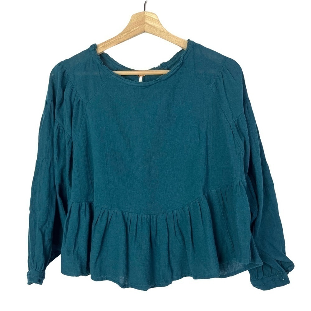 Free People Teal Blue Gauze Cotton‎ Peplum Open Back Long Sleeve Blouse XS